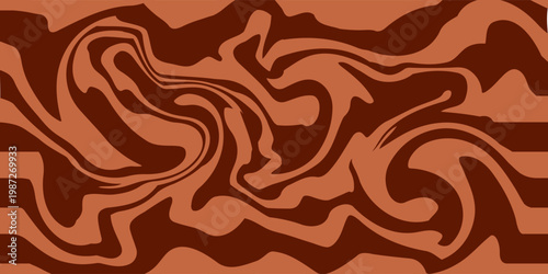 Retro coffee color background. Milk chocolate liquid dessert texture. Wavy swirl candy pattern for poster, cover, banner, pamphlet. Vintage brown trippy hippie wallpaper in 60s or 70s style. Vector