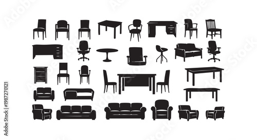 Furniture silhouette collection including chairs tables sofas desks and armchairs for interior design home and office.