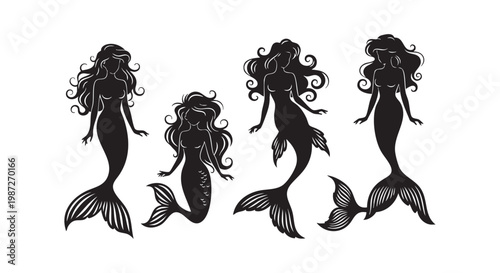Four mythological mermaid silhouettes with flowing hair and fishtails in various poses vector.