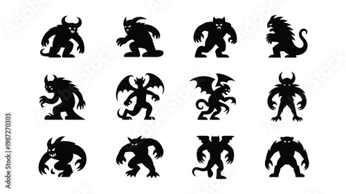 Silhouettes of mythical creatures and demons in dynamic poses black shapes with dramatic expressions and wings isolated on white background for design and illustration use