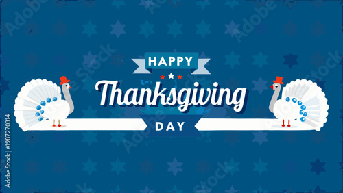 Happy thanksgiving day with two turkeys and a star filled background
