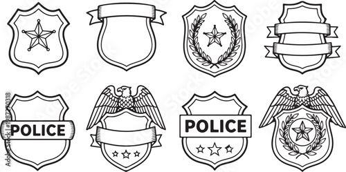 Police badge vector set featuring sheriff shields star symbols and heraldic eagle designs for security and law enforcement graphic logos.