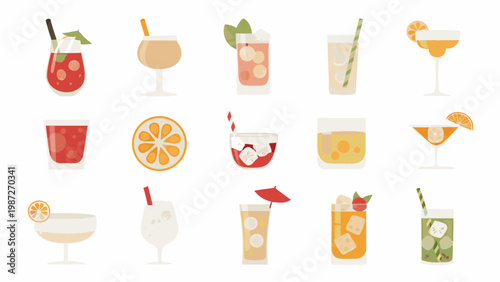 Colorful assortment of refreshing summer cocktails and drinks in glasses