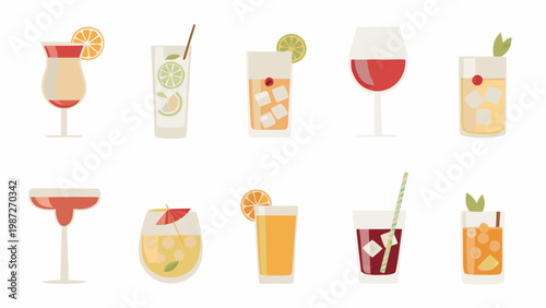 Colorful assortment of various summer cocktails and refreshing beverages displayed