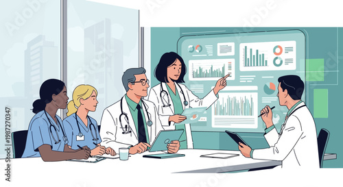 Medical professionals meeting, doctors discussing, healthcare team collaboration, hospital conference