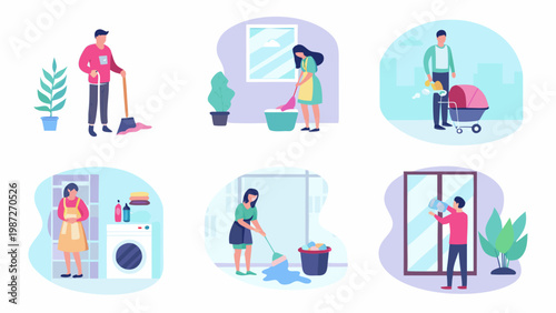 Colorful illustrations depict people performing various household cleaning tasks