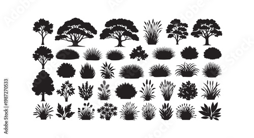 Garden plants and trees silhouettes vector illustration set landscape design elements with shrubs bushes grass greenery.