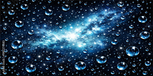 A macro texture of fresh transparent water drops and air bubbles resting on a clean blue glass surface creates a serene nature pattern