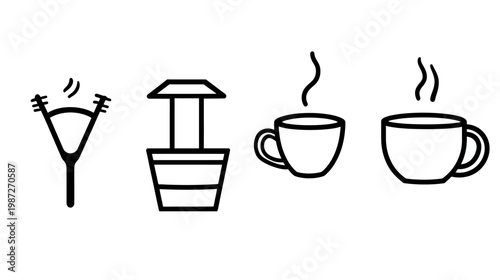 Linear drawings of a slingshot, a well, and two steaming coffee mugs on a white background