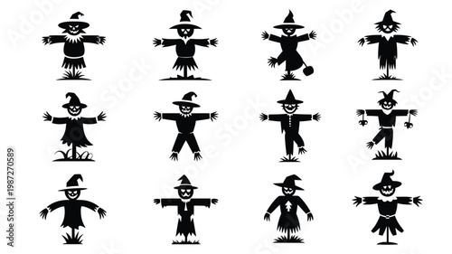 Silhouettes of scarecrows in various poses standing in a field illustrated in a minimalist black and white style