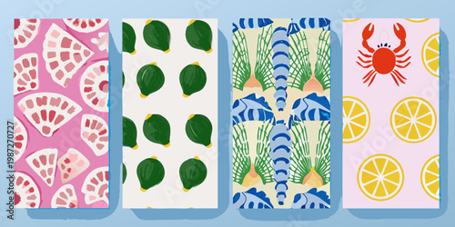 Four vertically arranged panels depicting colorful patterned illustrations