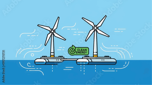 Offshore Floating Wind Power Plant Illustration. Sustainable Renewable Clean Energy Technology for Climate Solutions.