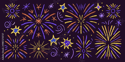 Photos Colorful fireworks display with starbursts and abstract shapes on a dark backgro
