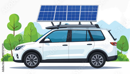Sustainable Travel: SUV Car with Rooftop Solar Panels. Eco-Friendly Off-Grid Electric Vehicle Concept. Vector Illustration.
