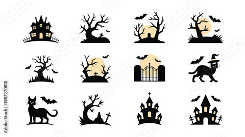 Set of halloween themed silhouettes including haunted houses spooky trees bats black cats and eerie tombstones for festive designs