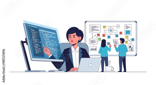 People working together on a project with computer and whiteboard