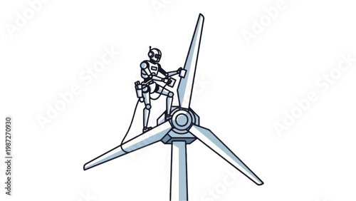 Autonomous robot performing maintenance on a large wind turbine blade. Future of renewable energy infrastructure.