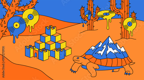 Geometric Sand Castle with Melting Vinyl Records and Mountain Tortoise Pop Surrealism Flat Illustration with Bold Outlines
