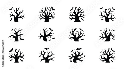 Collection of minimalistic bare tree silhouettes with birds perched on branches in a stark haunting style isolated on clean white background for design use