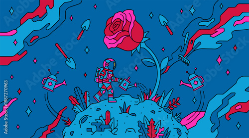 Astronaut Gardener On Asteroid With Giant Rose Pop Surrealism Flat Illustration With Bold Outlines