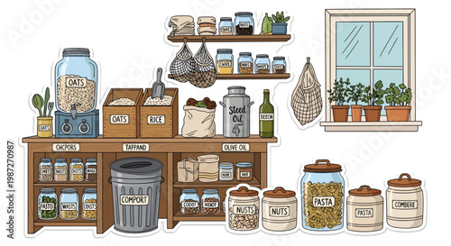 illustration of a kitchen counter with various food storage containers