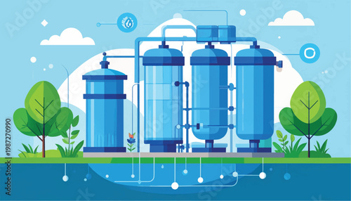 Water Purification and Treatment Plant Vector Illustration. Industrial Filtration System for Clean Drinking Water and Environmental Sustainability.