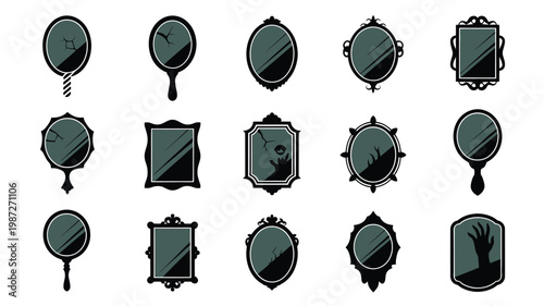 Set of various ornate mirror and frame designs black silhouettes on white background reflective surfaces decorative borders