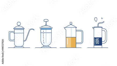 Four stylized, line-drawn teapots or coffee brewers, each filled to varying levels