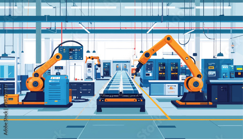 Automated Smart Factory Production Line with Industrial Robotic Arms and Conveyor System. Industry 4.0 Technology Illustration.