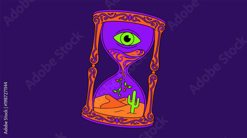 Surreal Hourglass with Winged Keys and Desert Eye Pop Surrealism Flat Illustration with Bold Outlines
