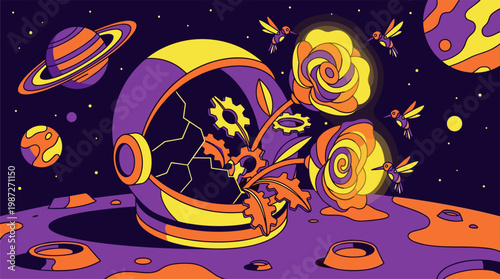 Astronaut Helmet Space Garden with Metal Flowers Pop Surrealism Flat Illustration with Bold Outlines