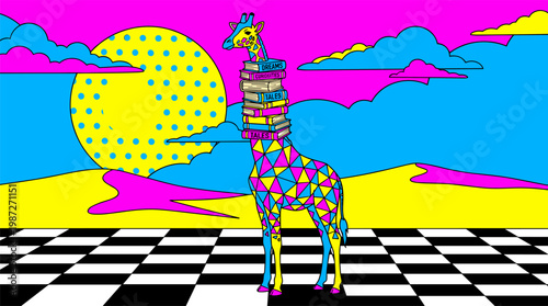 Whimsical Giraffe with Book Neck and Geometric Spots on Checkerboard Desert, Pop Surrealism Flat Illustration with Bold Outlines