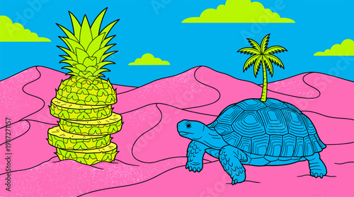 Pineapple Cactus and Giant Blue Tortoise Pop Surrealism Flat Illustration with Bold Outlines