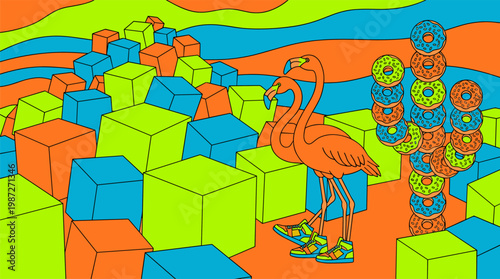 Flamingo Wearing Sneakers In Crystal Cube Desert Pop Surrealism Flat Illustration With Bold Outlines