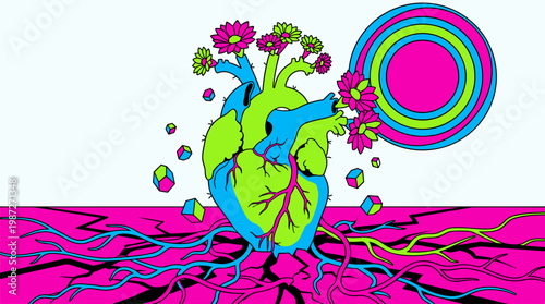 Anatomical Heart Shaped Cactus Growing In Desert Pop Surrealism Flat Illustration With Bold Black Outlines