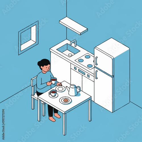 a man sitting at a table in a kitchen.