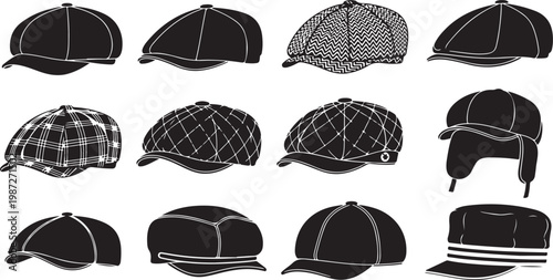 Vintage flat cap collection featuring various hat styles like newsboy ivy and driving caps with patterns for classic fashion accessory.