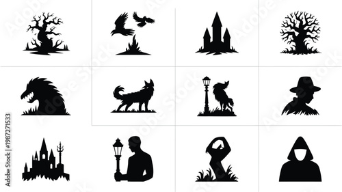 Dark silhouettes of mystical creatures haunting landscapes and eerie figures in a moody minimalist style for halloween or fantasy themes