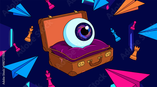 Giant Floating Eyeball in Suitcase with Paper Airplanes, Pop Surrealism Flat Illustration with Bold Outlines