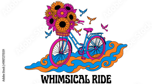 Vintage Bicycle with Sunflower Bouquet on a Floating Cloud Pop Surrealism Flat Illustration with Bold Outlines