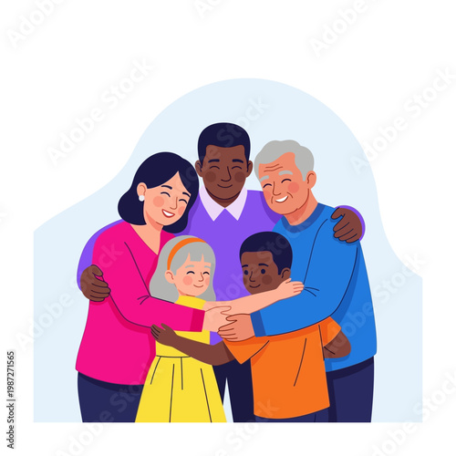 A diverse multi-generational family of five, including parents, grandparents, and two children, embracing warmly in a group hug.