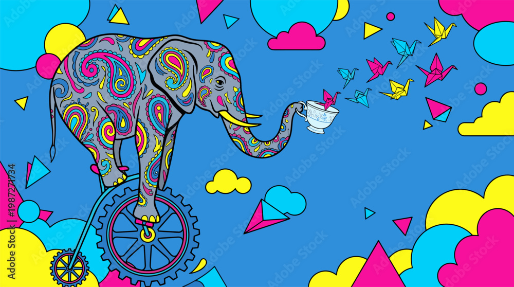 Fototapeta premium Surreal Elephant Balancing on a Unicycle with Origami Cranes Pop Surrealism Flat Illustration with Bold Outlines