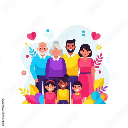 A diverse multi-generational family posing together happily, with grandparents, parents, and children.