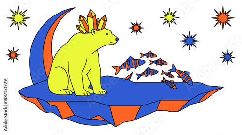 Polar Bear with Crystal Crown on Crescent Moon Iceberg, Pop Surrealism Flat Illustration with Bold Outlines