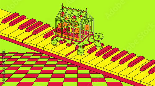 Mechanical Turtle with Greenhouse Shell on Piano Key Bridge, Pop Surrealism Flat Illustration with Bold Outlines