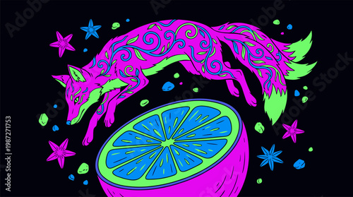 Cosmic Fox Leaping Over Citrus Planet In A Whimsical Pop Surrealism Flat Illustration With Bold Outlines And Saturated Colors