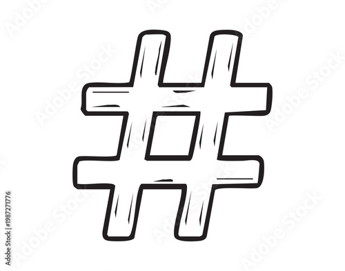 Black hashtag outline symbol handdrawn sketchstyle line art on white background, modern minimalist icon for social media campaigns, influencer branding, sticker and app asset, highcontrast vectorready