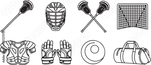 Lacrosse sports equipment set containing sticks helmet goal net protective pads gloves and gear bags for team tournament graphics.