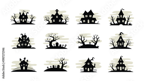 Set of spooky haunted houses with bare trees and eerie graves in a minimalist silhouette style perfect for halloween themes