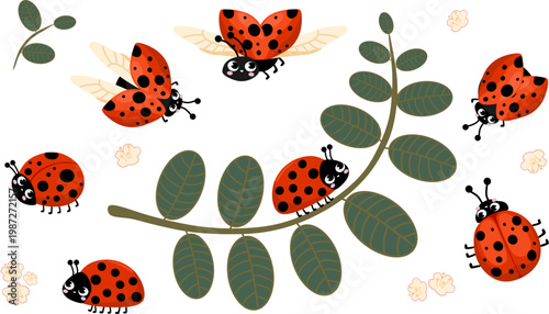 A collection of adorable flat vector illustrations featuring ladybugs in various poses — flying and crawling — along with fresh green pea branches. High-quality isolated elements for children's design